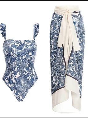 Blue Floral Print One-Piece Swimsuit with Cream Tie Sarong